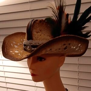 Custom Elegant Tan Feathered, Lace, and Leather Hat